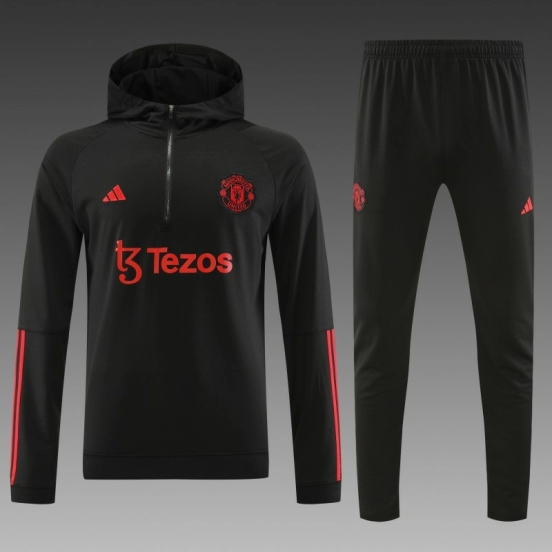 23/24 Manchester United Black Hoodie Half Zipper Jacket+ Pants