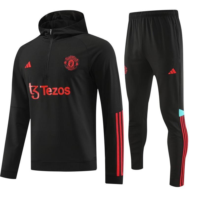 23/24 Manchester United Black Hoodie Half Zipper Jacket+ Pants