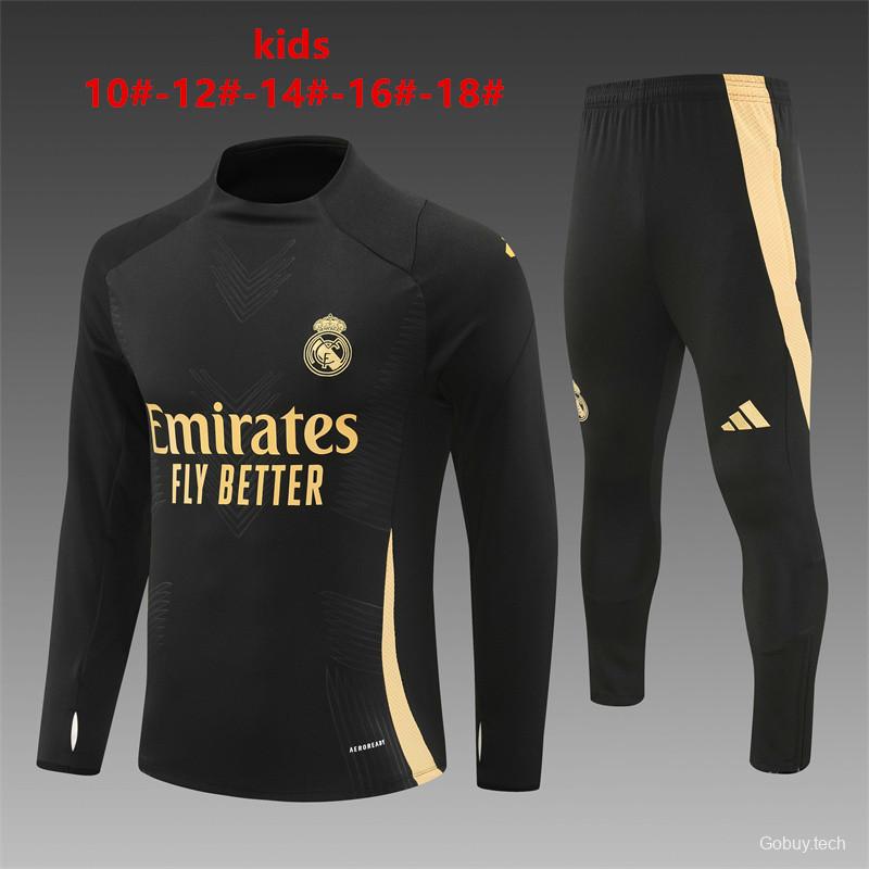 24/25 Kids Real Madrid Black/Golden Half Zipper Jacket+Long Pants