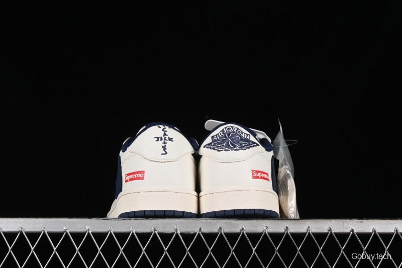 Nike Travis Scott x Fragment Design x Air Jordan 1 Low OG SP AJ1 Supreme Collaboration - White Navy Blue Low Top Casual Sneakers - XZ116