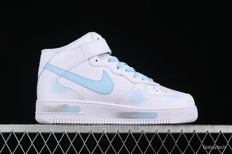 Nike Air Force 1 '07 Mid Light Blue Hand-Painted Cracked Three Stripes Shadow Mid-Top Casual Sneakers - CW2289-111