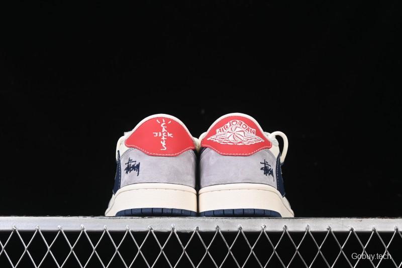 Nike Travis Scott x Fragment Design x Air Jordan 1 Low OG SP AJ1 Stussy Collaboration - Grey Blue Hook Lace Low Top Casual Sneakers - SJ0086-140