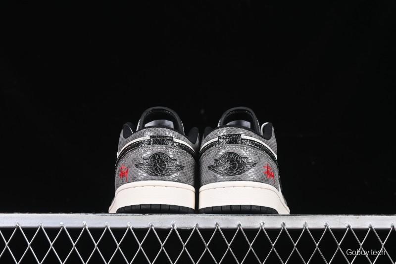 Nike Air Jordan 1 Low Retro Basketball Shoes with Custom Stussy Grey Snake Design - FC1688-202