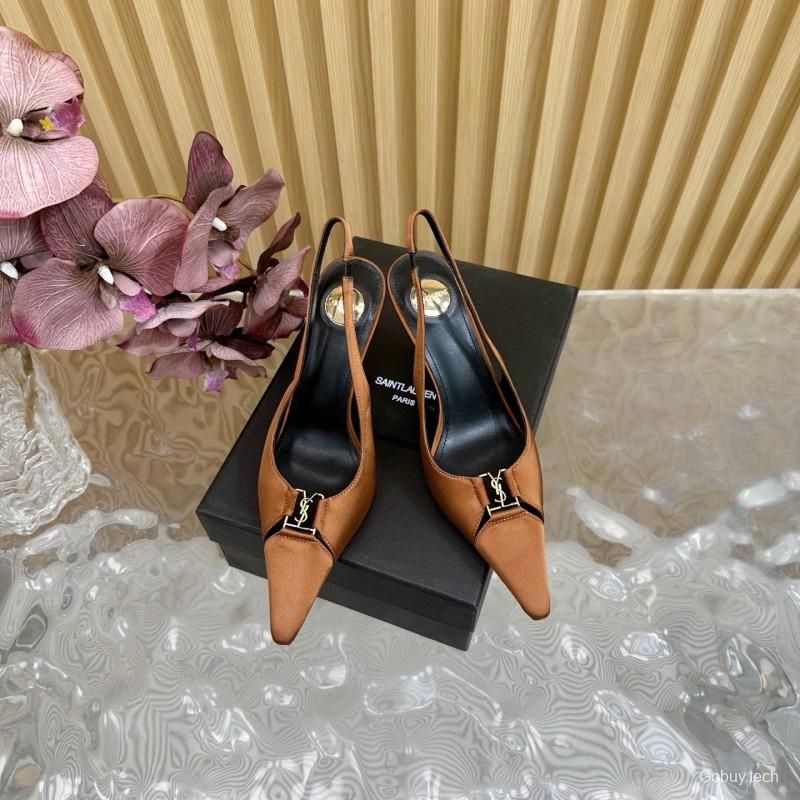 2025 Women Yves Saint Laurent Brown Leather Slingback Pumps MJ00300