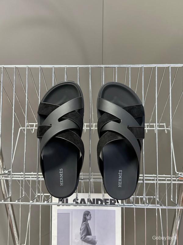 2025 Slippers Hermès Black Leather Slippers