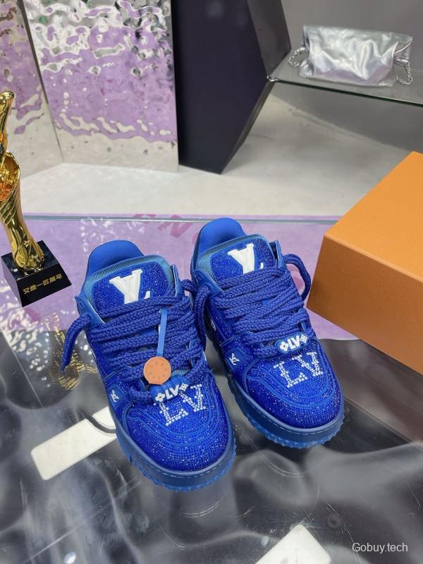 2024 Unisex Louis Vuitton Blue Rhinestone Trainer Sneakers Heat Pressing MJ00430