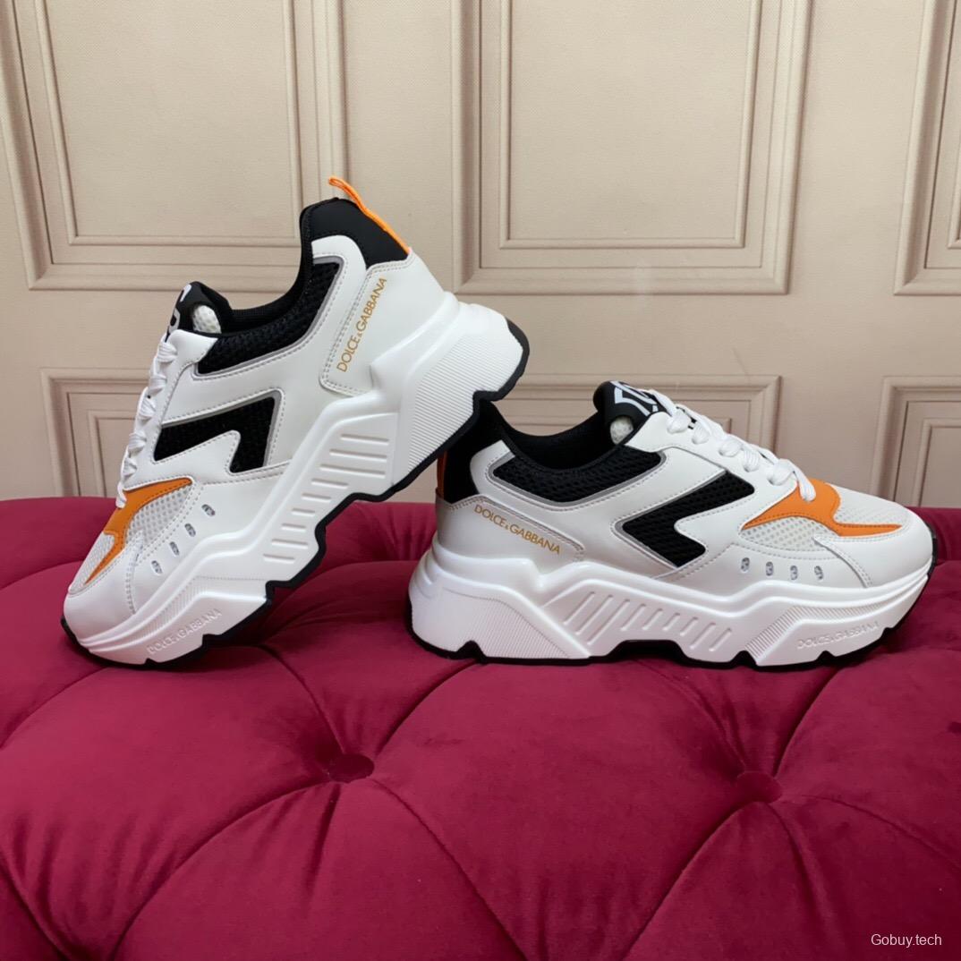 2025 Unisex Dolce & Gabbana White Black Orange Leather Lycra Sneakers LY00330(F)/LY00340(M)