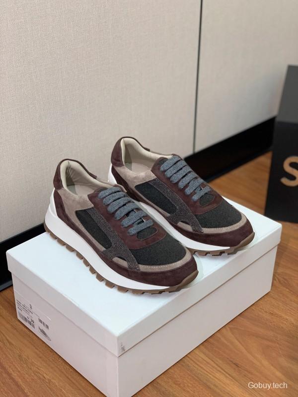 2025 Unisex Brunello Cucinelli Brown Beige Black Suede Leather Sneakers LY