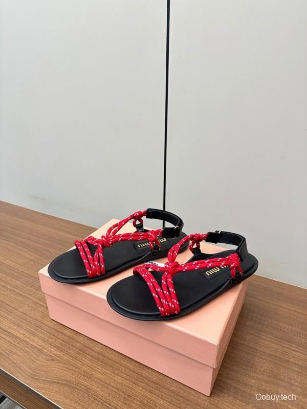 2025 Women Miu Miu Red Rope Leather Sandals LY