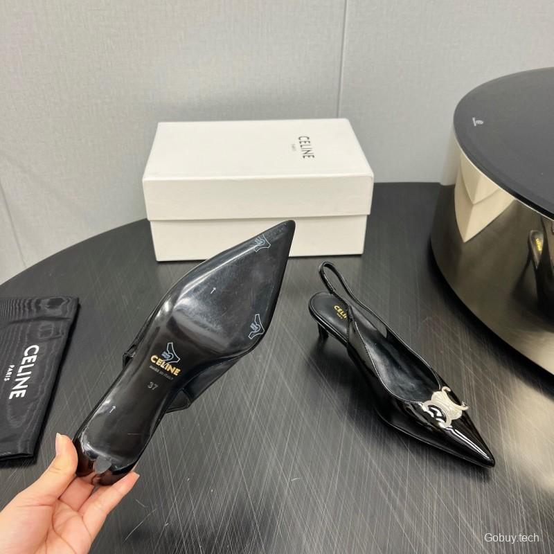 2025 Women Celine Black Patent Leather Slingback Heels KFY00290