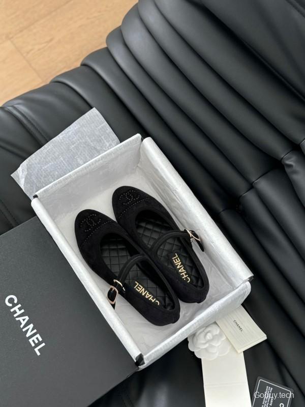 2025 Women Chanel Black Velvet Mary Jane Embroidered LY00280