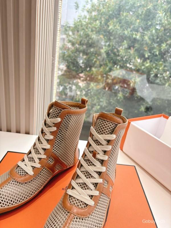 2025 Women Hermès Beige Brown Leather Mesh Boots