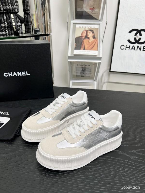 2025 Women Chanel White Silver Suede Leather Sneakers LY00270