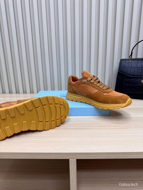 2025 Women Prada Brown Suede Nylon Sneakers LY00300