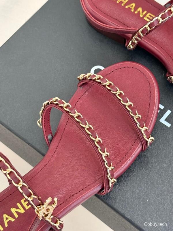 2025 Women Chanel Red Lambskin Chain Strap Sandals