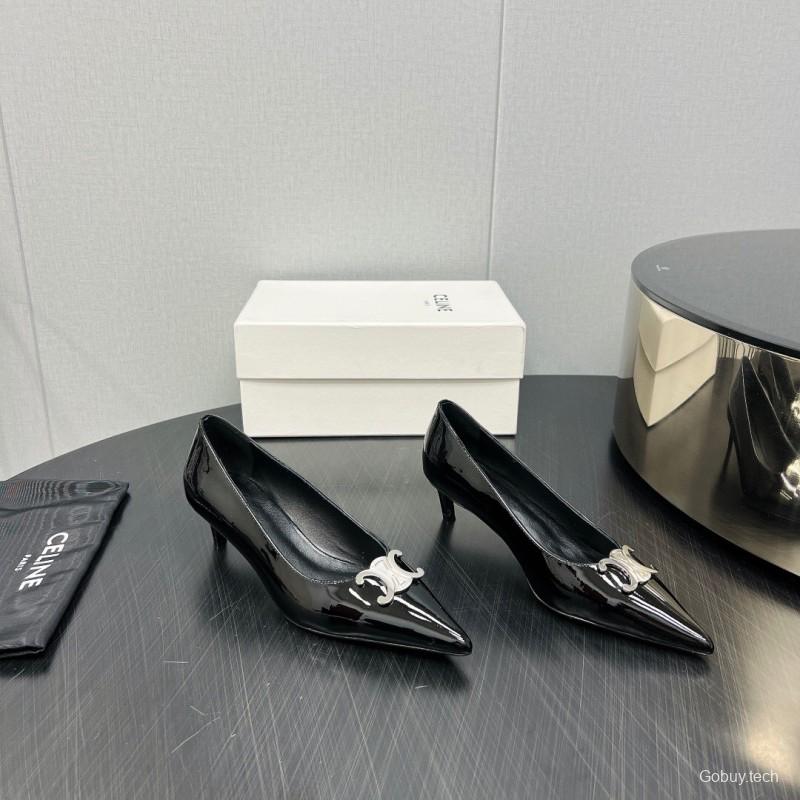 2025 Women Celine Black Patent Leather Pointed Toe Buckle Pumps KFY00290