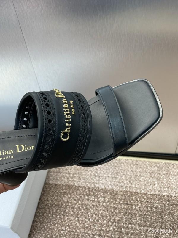 2024 Women Dior Black Leather Slide Sandals