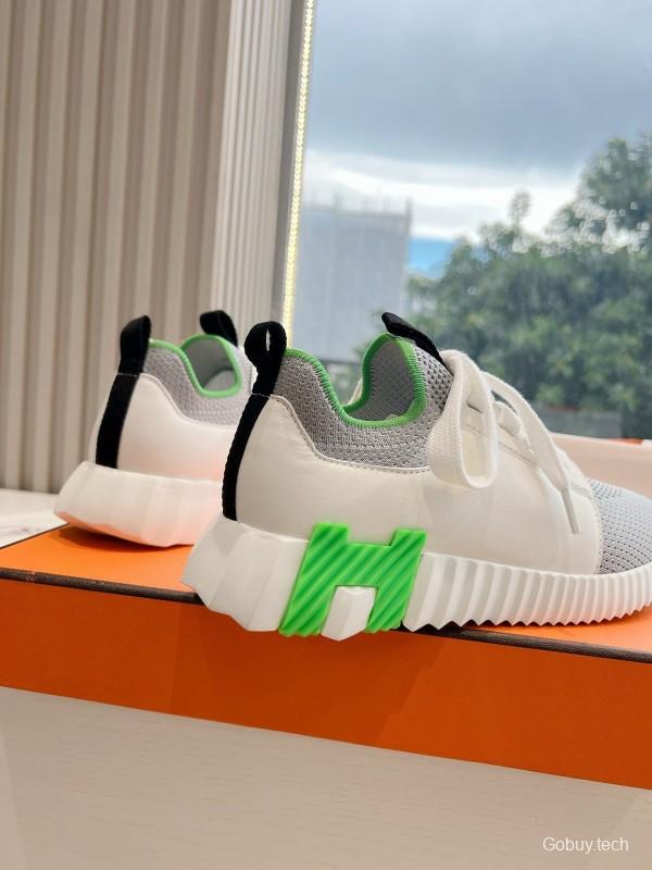 2024 Unisex Hermès White Green Calfskin Suede Sneakers MJ00290