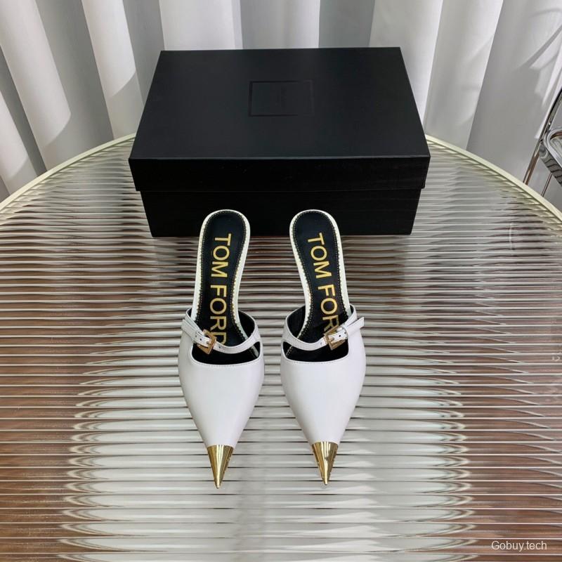 2025 Women TOM FORD White Gold Leather Pointed Toe Mules