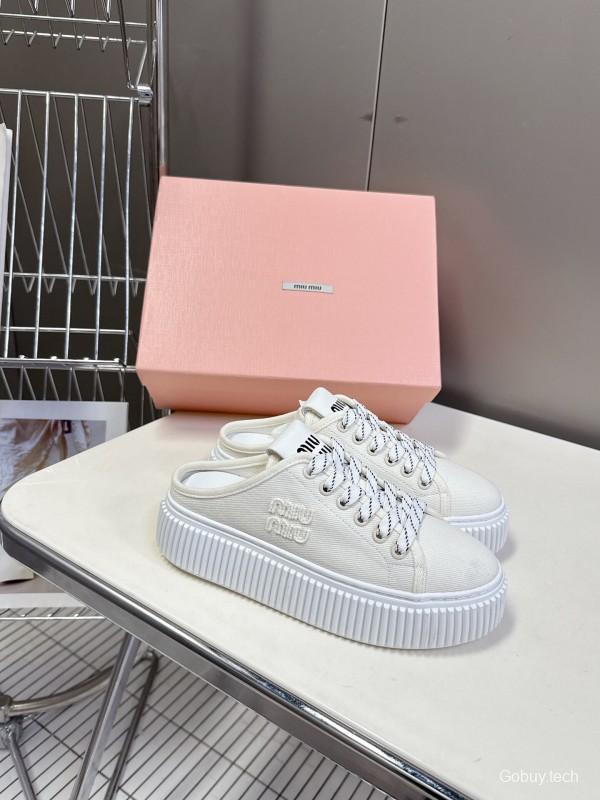 2025 Women Miu Miu White Canvas Sneakers