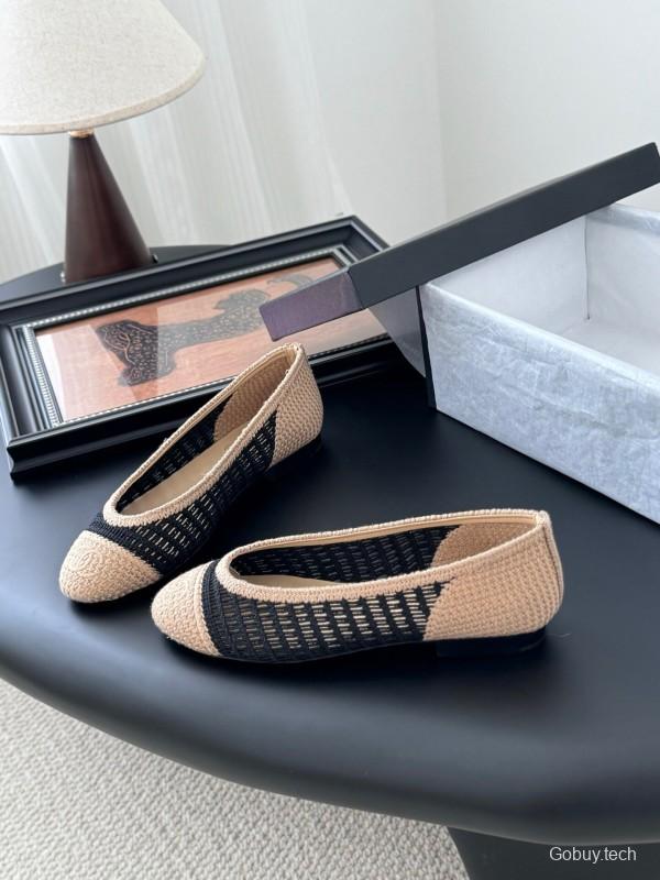 2025 Women Chanel Black Beige Knit Ballet Flats