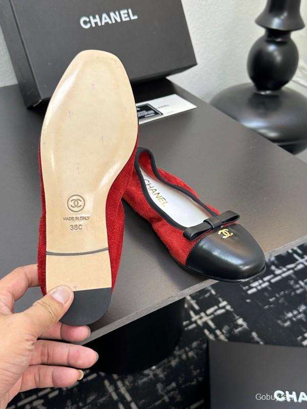 2025 Women CHANEL Red And Black Lambskin Ballet Flats Classic Bow Detail CC Logo LY00360(F)