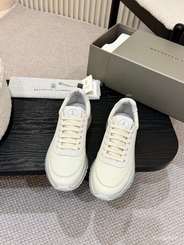 2025 Men Brunello Cucinelli Black Ivory Blue Almond Calfskin Leather Sneakers AS00320